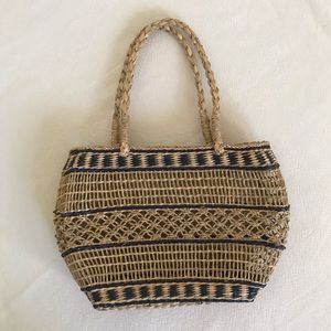 Vintage Natural Straw and Navy Woven Bag